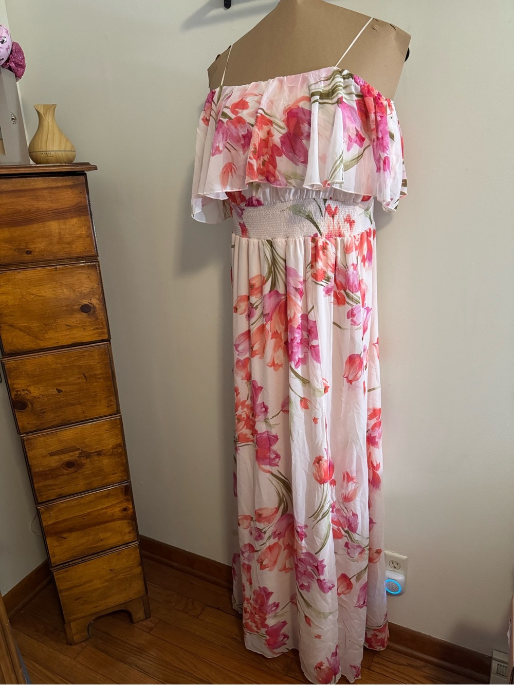Baltic Born White Pink Floral Ruffle Off-Shoulder Maxi Dress